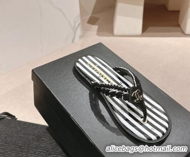 Shop Duplicate Chanel Striped Flat Thong Slides Sandal Black/White 701077