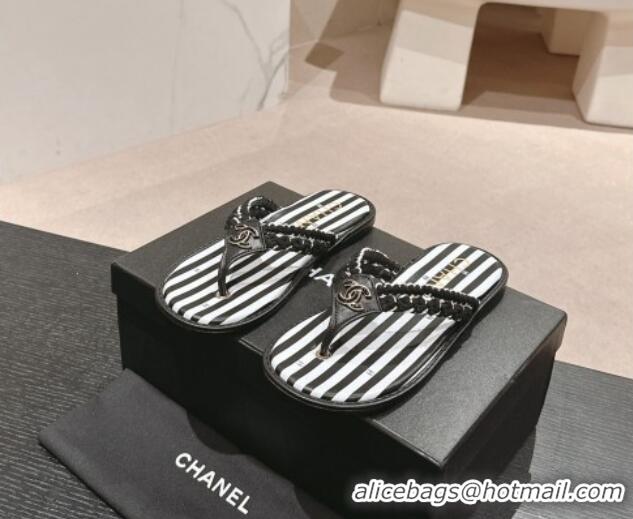 Shop Duplicate Chanel Striped Flat Thong Slides Sandal Black/White 701077