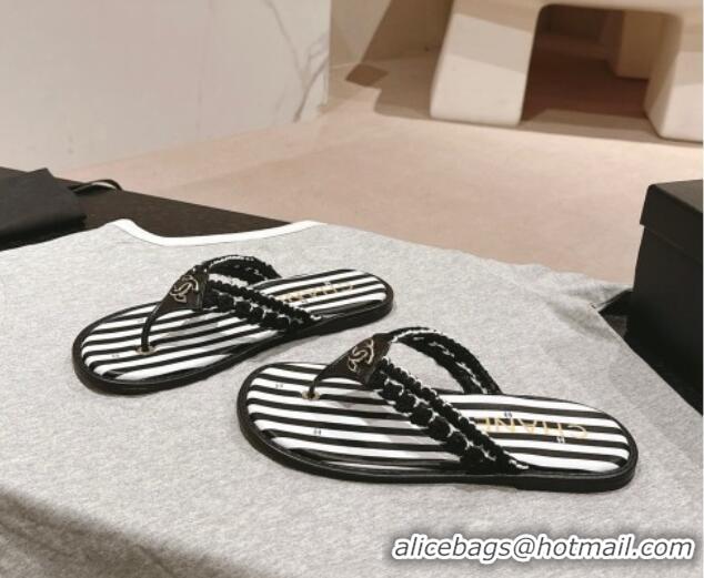 Shop Duplicate Chanel Striped Flat Thong Slides Sandal Black/White 701077