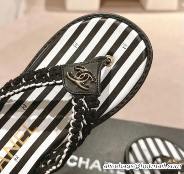 Shop Duplicate Chanel Striped Flat Thong Slides Sandal Black/White 701077