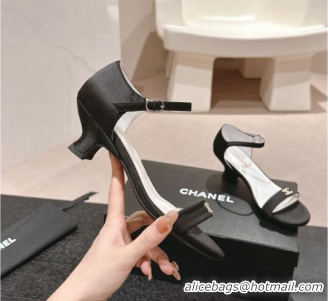 Top Design Chanel Satin Calfskin Heel Sandals 5cm with CC Black 701078