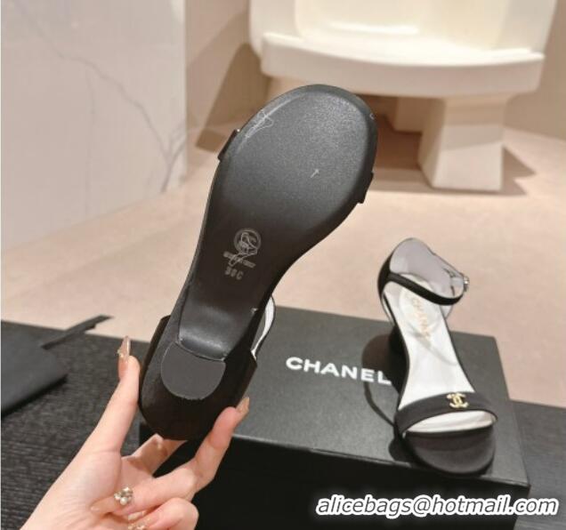 Top Design Chanel Satin Calfskin Heel Sandals 5cm with CC Black 701078