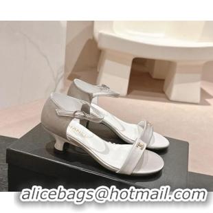 Stylish Chanel Satin Heel Sandals 5cm with CC Light Grey 701079