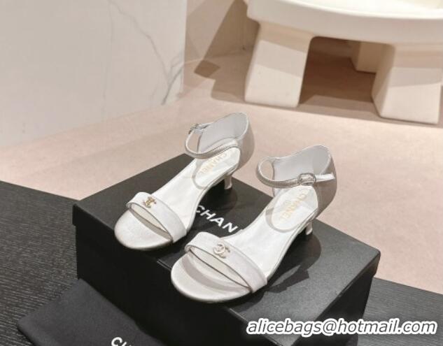 Stylish Chanel Satin Heel Sandals 5cm with CC Light Grey 701079