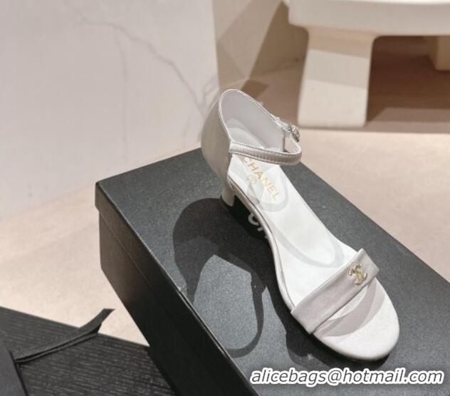 Stylish Chanel Satin Heel Sandals 5cm with CC Light Grey 701079