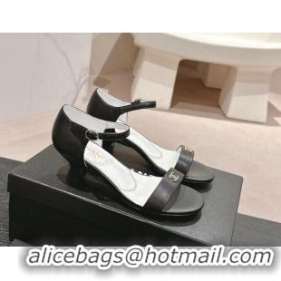 Duplicate Chanel Calfskin Heel Sandals 5cm with CC Black 701080