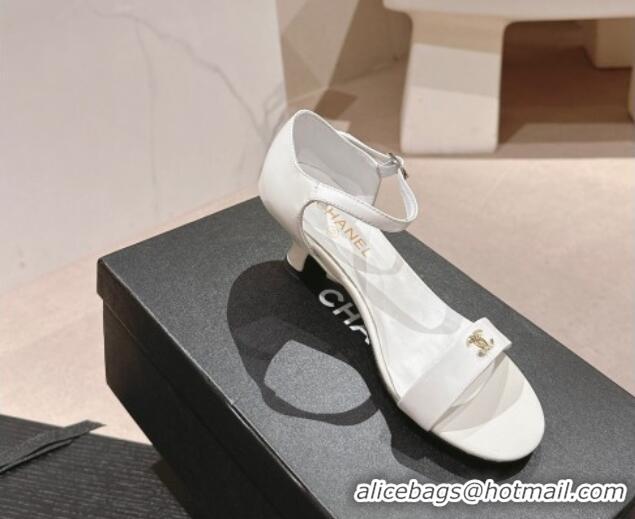 Stylish Chanel Patent Leather Heel Sandals 5cm with CC White 701083