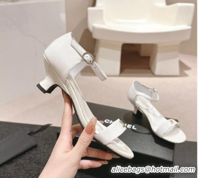 Stylish Chanel Patent Leather Heel Sandals 5cm with CC White 701083