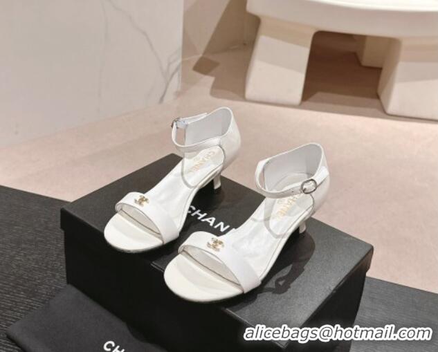 Stylish Chanel Patent Leather Heel Sandals 5cm with CC White 701083