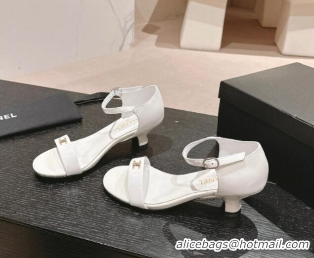 Stylish Chanel Patent Leather Heel Sandals 5cm with CC White 701083