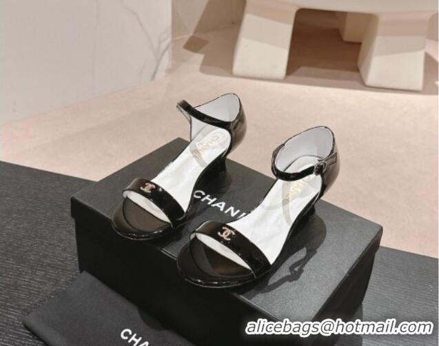 Luxury Chanel Patent Leather Heel Sandals 5cm with CC Black 701084