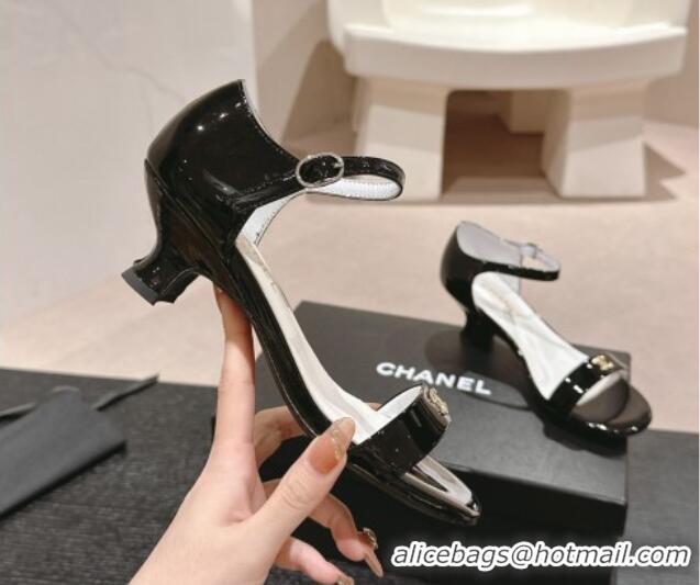 Luxury Chanel Patent Leather Heel Sandals 5cm with CC Black 701084