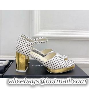 Sumptuous Chanel Calfskin Sandals 7.5cm with Gold-Tone Heel and Dots White 701085