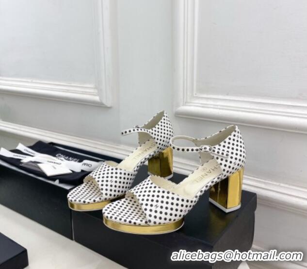 Sumptuous Chanel Calfskin Sandals 7.5cm with Gold-Tone Heel and Dots White 701085