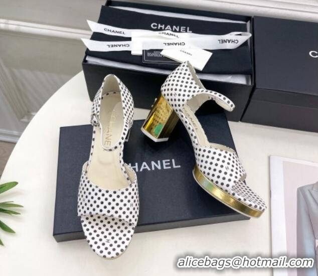 Sumptuous Chanel Calfskin Sandals 7.5cm with Gold-Tone Heel and Dots White 701085