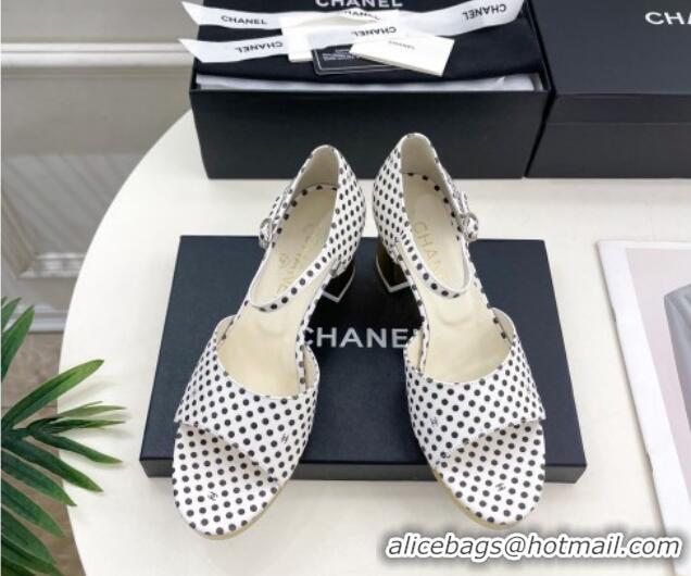 Sumptuous Chanel Calfskin Sandals 7.5cm with Gold-Tone Heel and Dots White 701085