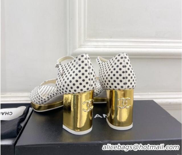 Sumptuous Chanel Calfskin Sandals 7.5cm with Gold-Tone Heel and Dots White 701085