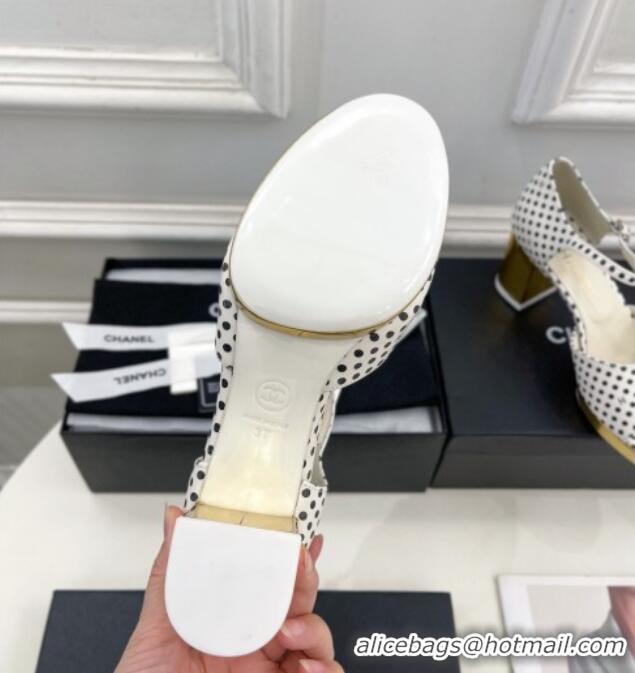 Sumptuous Chanel Calfskin Sandals 7.5cm with Gold-Tone Heel and Dots White 701085