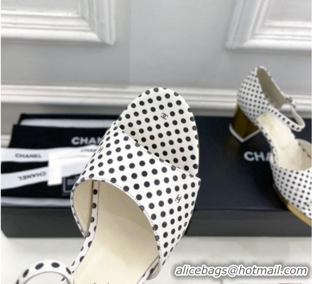 Sumptuous Chanel Calfskin Sandals 7.5cm with Gold-Tone Heel and Dots White 701085