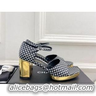 Discount Chanel Calfskin Sandals 7.5cm with Gold-Tone Heel and Dots Black 701086