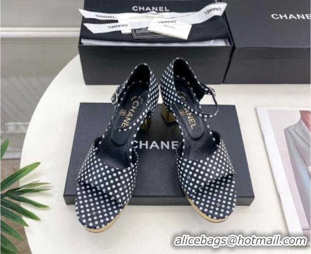 Discount Chanel Calfskin Sandals 7.5cm with Gold-Tone Heel and Dots Black 701086