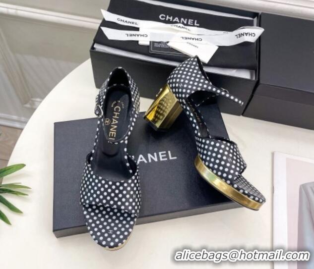 Discount Chanel Calfskin Sandals 7.5cm with Gold-Tone Heel and Dots Black 701086