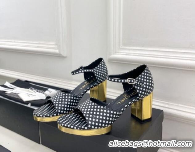 Discount Chanel Calfskin Sandals 7.5cm with Gold-Tone Heel and Dots Black 701086