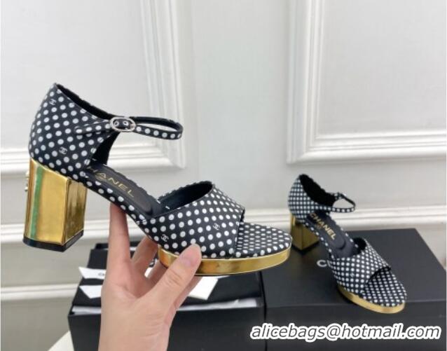 Discount Chanel Calfskin Sandals 7.5cm with Gold-Tone Heel and Dots Black 701086