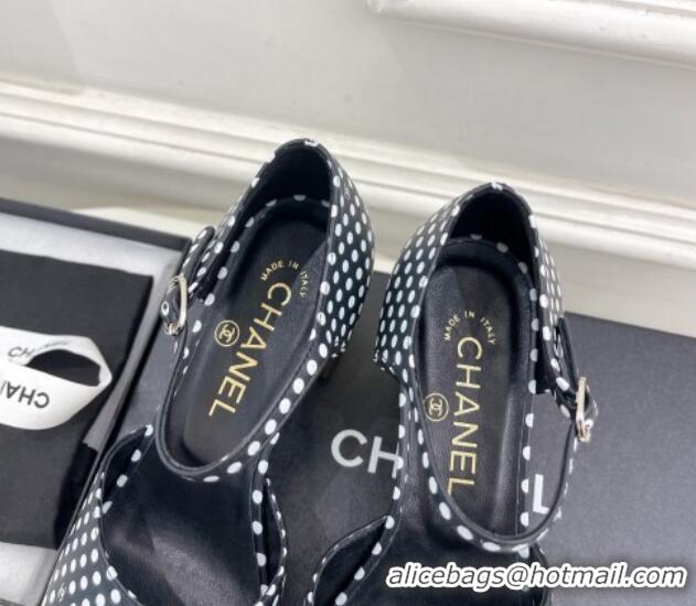 Discount Chanel Calfskin Sandals 7.5cm with Gold-Tone Heel and Dots Black 701086