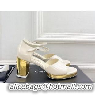 Best Grade Chanel Calfskin Sandals 7.5cm with Gold-Tone Heel White 701088