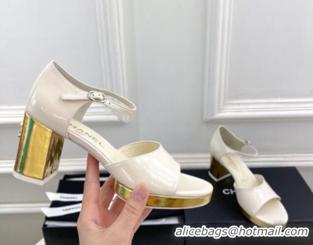 Best Grade Chanel Calfskin Sandals 7.5cm with Gold-Tone Heel White 701088