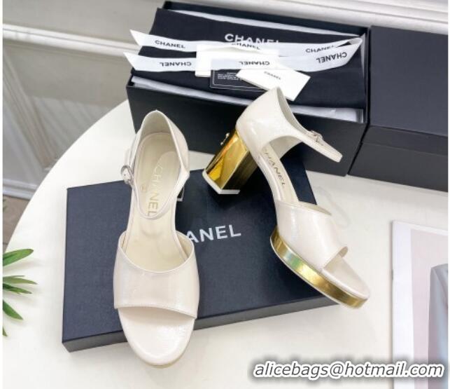 Best Grade Chanel Calfskin Sandals 7.5cm with Gold-Tone Heel White 701088