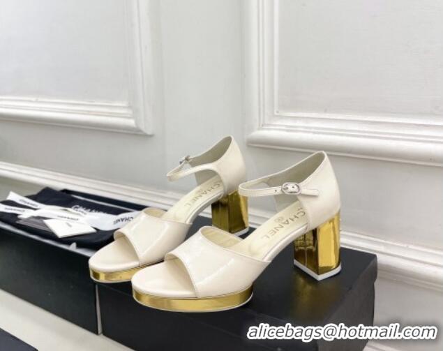 Best Grade Chanel Calfskin Sandals 7.5cm with Gold-Tone Heel White 701088