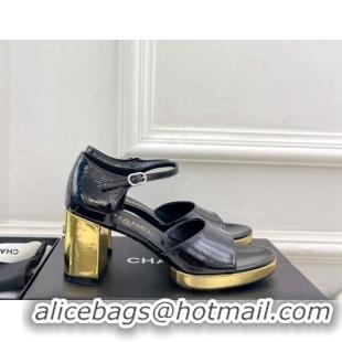 Classic Hot Chanel Calfskin Sandals 7.5cm with Gold-Tone Heel Black 701089