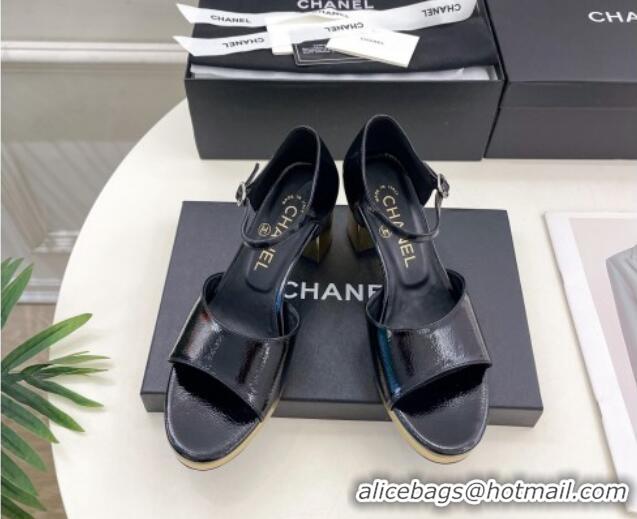 Classic Hot Chanel Calfskin Sandals 7.5cm with Gold-Tone Heel Black 701089