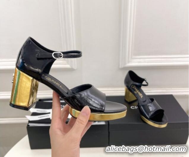 Classic Hot Chanel Calfskin Sandals 7.5cm with Gold-Tone Heel Black 701089