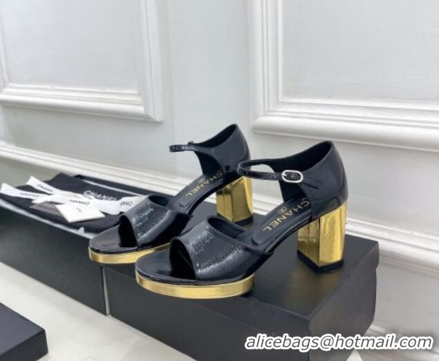 Classic Hot Chanel Calfskin Sandals 7.5cm with Gold-Tone Heel Black 701089