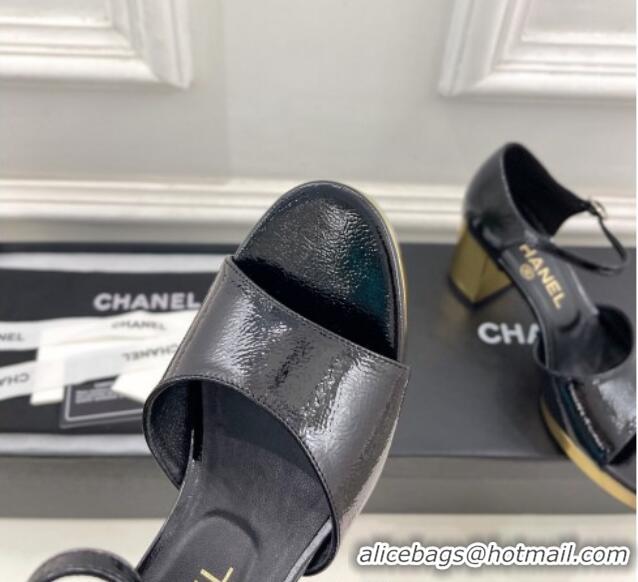 Classic Hot Chanel Calfskin Sandals 7.5cm with Gold-Tone Heel Black 701089