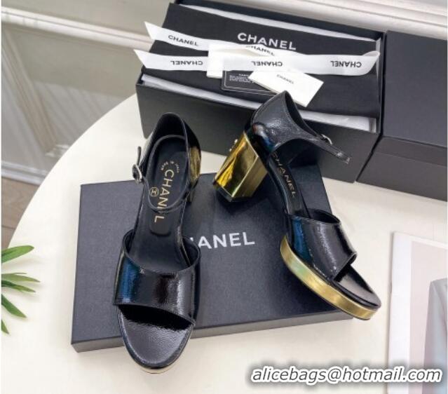 Classic Hot Chanel Calfskin Sandals 7.5cm with Gold-Tone Heel Black 701089