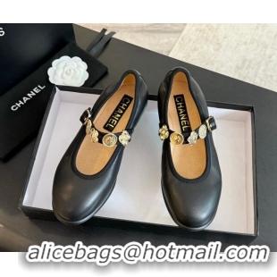 Good Quality Chanel Lambskin Mary Janes Ballet Flat with Charm Black 701090