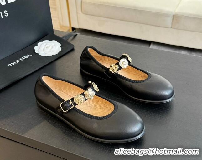 Good Quality Chanel Lambskin Mary Janes Ballet Flat with Charm Black 701090