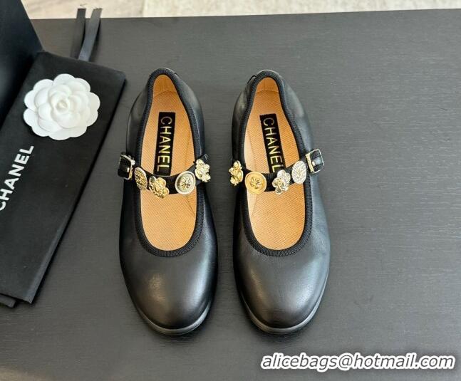 Good Quality Chanel Lambskin Mary Janes Ballet Flat with Charm Black 701090