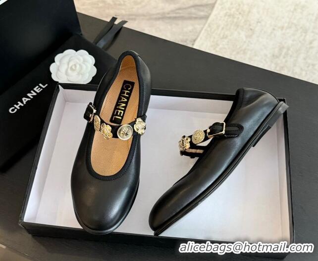 Good Quality Chanel Lambskin Mary Janes Ballet Flat with Charm Black 701090