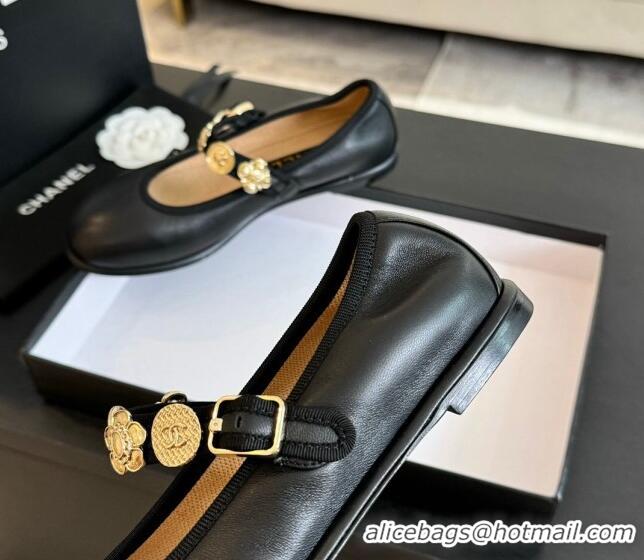 Good Quality Chanel Lambskin Mary Janes Ballet Flat with Charm Black 701090