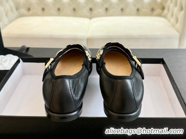 Good Quality Chanel Lambskin Mary Janes Ballet Flat with Charm Black 701090