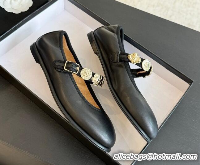 Good Quality Chanel Lambskin Mary Janes Ballet Flat with Charm Black 701090