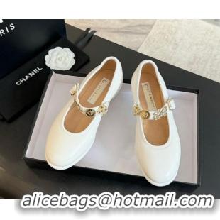 Top Grade Chanel Lambskin Mary Janes Ballet Flat with Charm White 701091