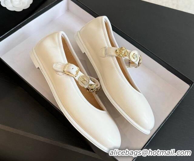 Top Grade Chanel Lambskin Mary Janes Ballet Flat with Charm White 701091