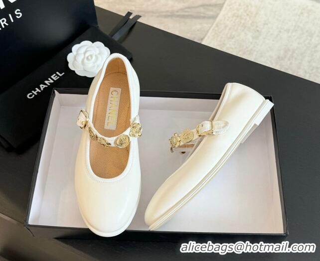 Top Grade Chanel Lambskin Mary Janes Ballet Flat with Charm White 701091