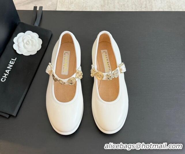 Top Grade Chanel Lambskin Mary Janes Ballet Flat with Charm White 701091